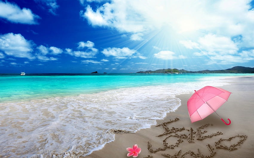 Summer, blue, sea, umbrella, sand, beach, pink, flower, sky, wave, i love you, cloud HD wallpaper