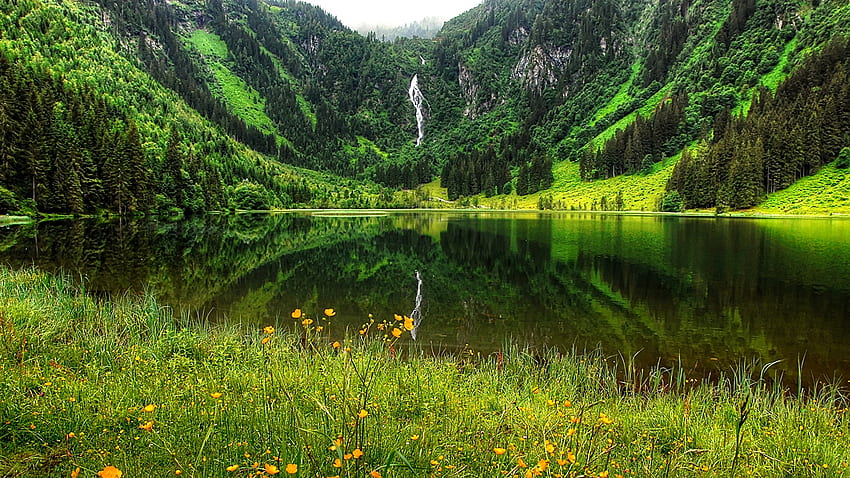 Германия Bergsee Лято Природа Планини Езеро Трева HD тапет