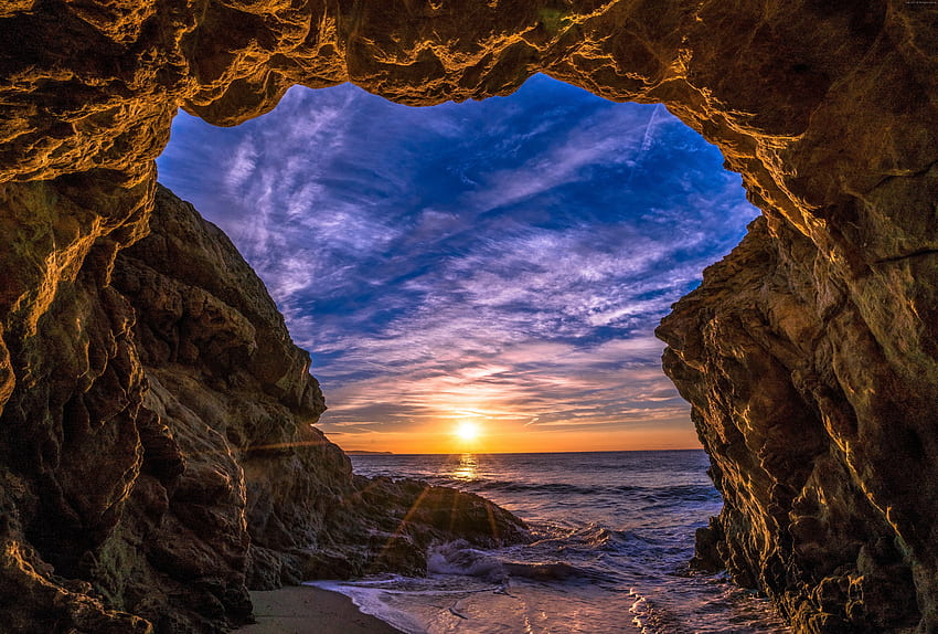 Ocean Rock Over Golden Hour เมฆ ธรรมชาติ พระอาทิตย์ตก มหาสมุทร หิน ชายหาด มาลิบู วอลล์เปเปอร์ HD