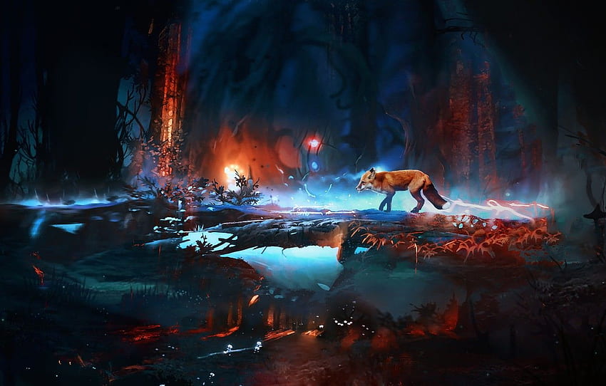 Wald, Bäume, Nacht, Magie, Kunst, Fox, Fox für , Abschnitt разное, Colorful Fox HD-Hintergrundbild