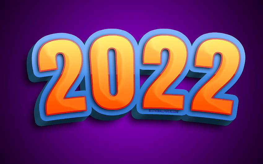 2022 pomarańczowe cyfry 3D, Szczęśliwego Nowego Roku 2022, fioletowe abstrakcyjne tło, 2022 koncepcje, sztuka dla dzieci, 2022 nowy rok, 2022 na fioletowym tle, cyfry roku 2022 Tapeta HD