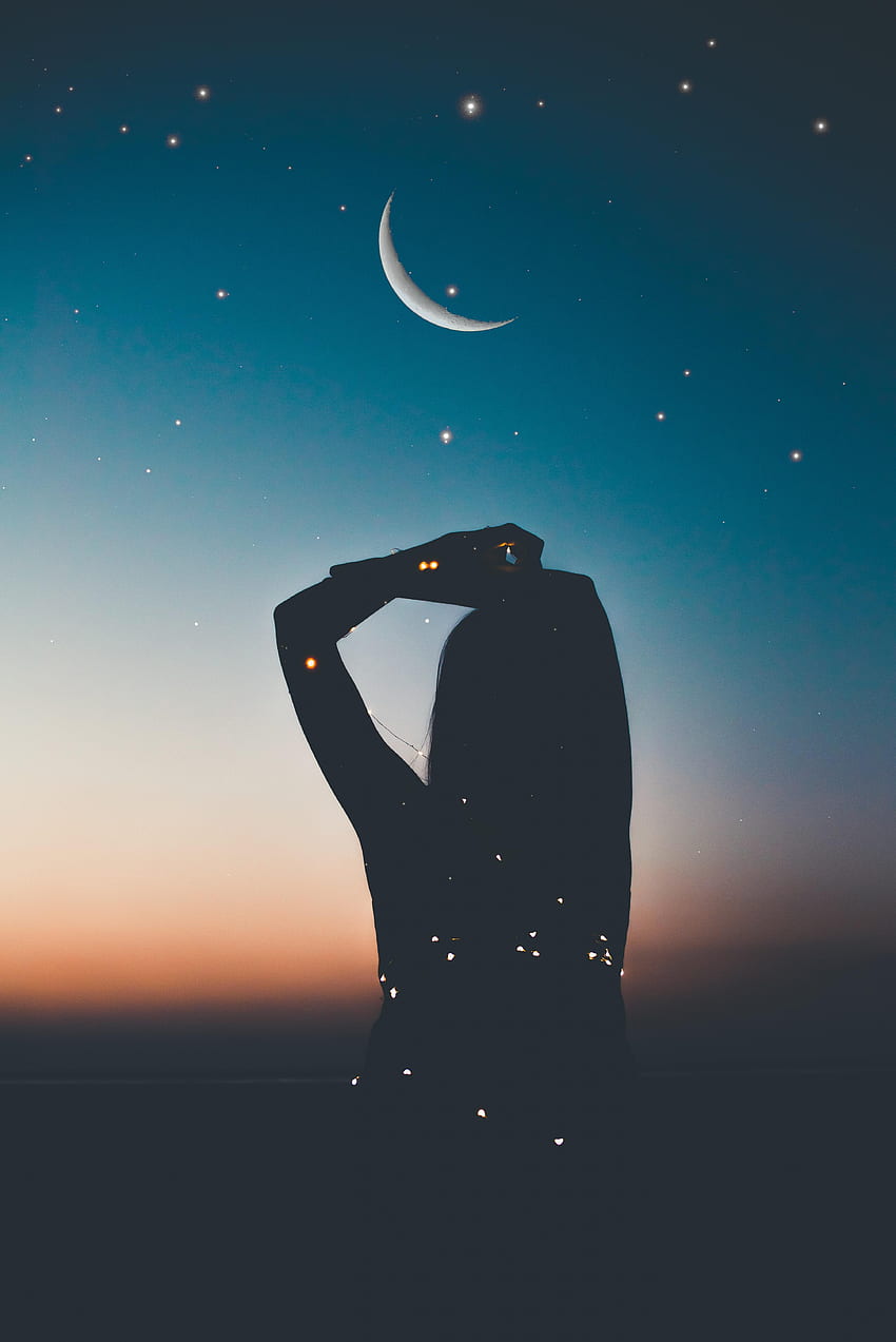 Stars, Night, Moon, Dark, Silhouette, Starry Sky HD phone wallpaper