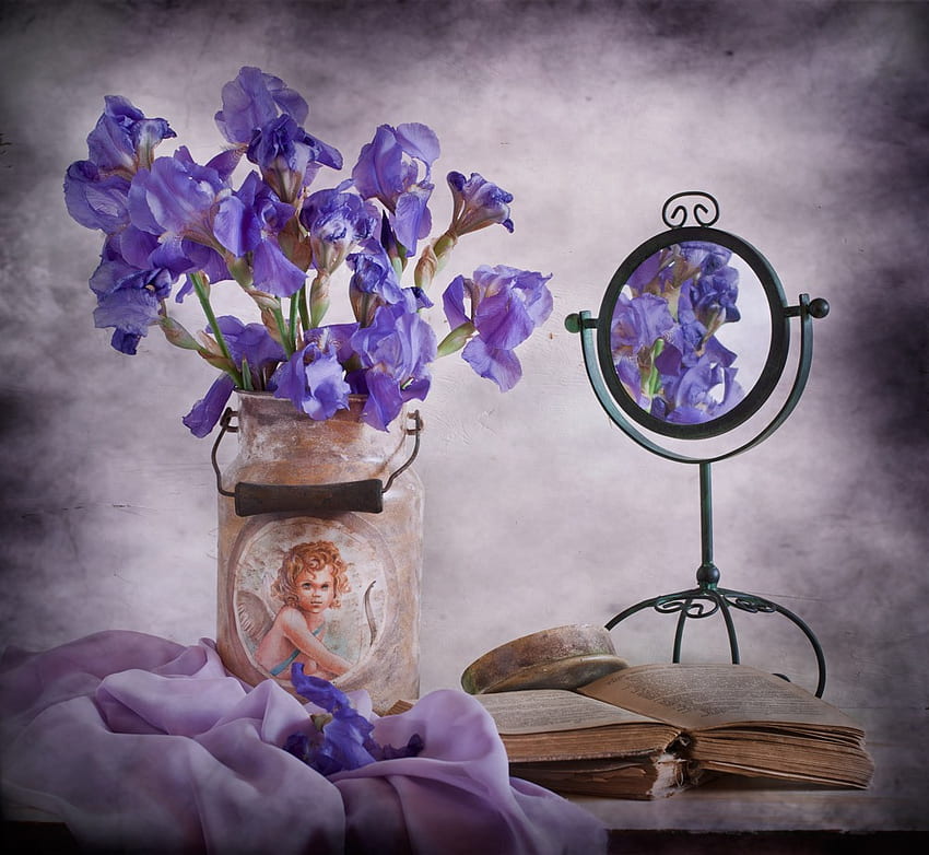 still life, iris, bouquet, graphy, angel, nice, books, reflection, flower, irises, , mirror, beautiful, purple, old, pretty, cool, flowers, scarf, lovely, harmony HD wallpaper