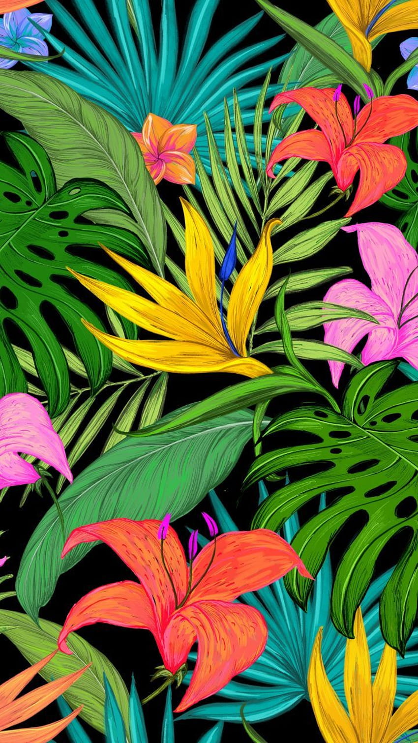 Muster, tropisch, Blumen, Blätter, . iPhone tropisch, tropische Kunst, tropischer, roter hawaiianischer Druck HD-Handy-Hintergrundbild