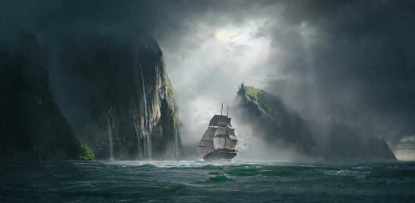 Statek, sztuka, morze, skały, mgła Tapeta HD