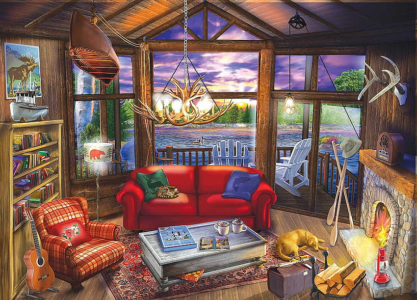 Evening at the cabin, dog, artwork, river, digital, room, furniture, windows, chimney HD wallpaper