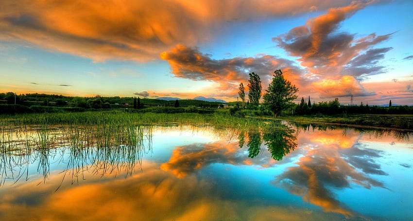 Sunset lake, clouds, grass, lake, sunset HD wallpaper | Pxfuel