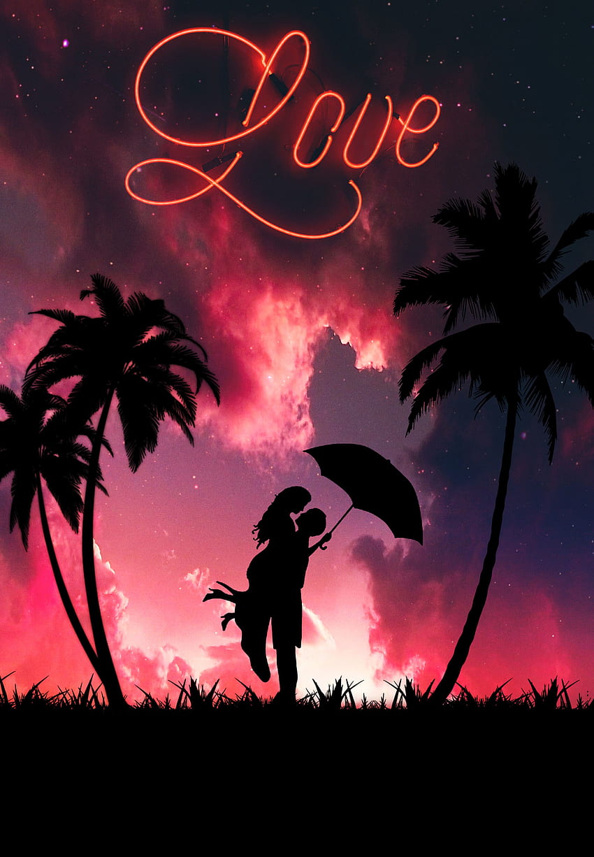 Paar, Liebe, Silhouetten, Paar, Romantik, Umarmung, dunkel, Palmen HD-Handy-Hintergrundbild