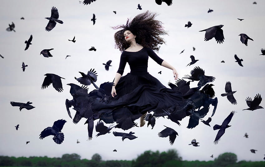 Transformation, black, bird, situation, girl, dress, woman, raven, creative, fantasy HD wallpaper