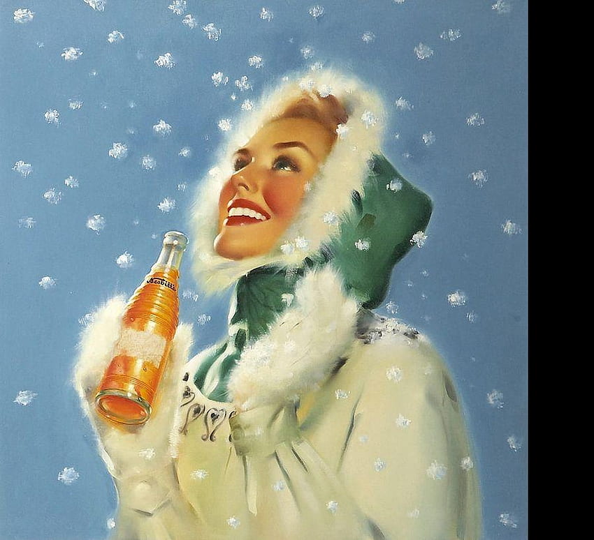Have a drink!, blue, juice, girl, beautiful, people, orange, woman, retro, snowflakes, snow, happy, drink HD wallpaper
