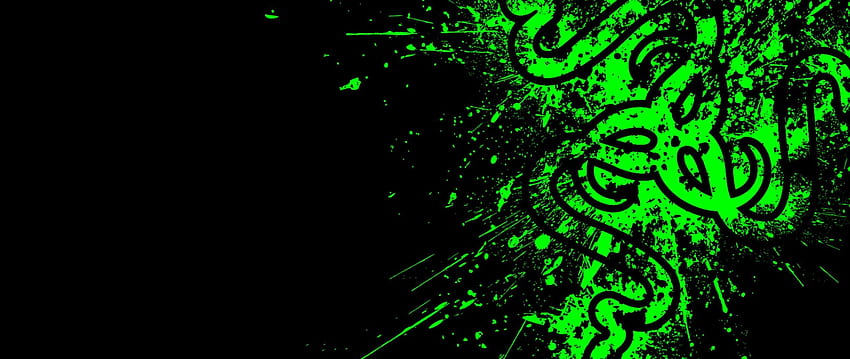 Logo Razer Symbole vert éclaboussé sur fond noir, jeu vert et noir Fond d'écran HD