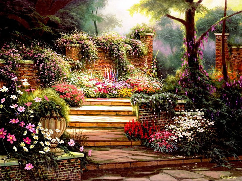 Garden Steps, artwork, painting, plants, path, trees, Flowers, wall HD wallpaper