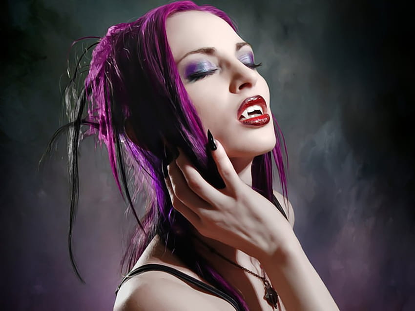 female vampire, black nails, goth, fangs, purple hair HD wallpaper