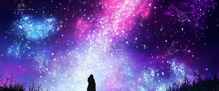 Chica Silueta, Estrellas, Escénico, Nebulosa - Doncella, 3440X1440 Nebulosa fondo de pantalla