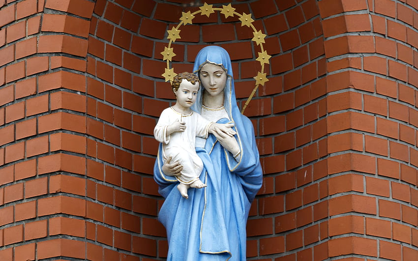 Nuestra Señora con Jesús, estrellas, María, Jesús, Bebé, escultura, ladrillos fondo de pantalla