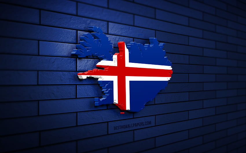 Mapa da Islândia, tijolo azul, países europeus, silhueta do mapa da Islândia, bandeira da Islândia, Europa, mapa da Islândia, bandeira da Islândia, Islândia, bandeira da Islândia, mapa 3D dinamarquês papel de parede HD