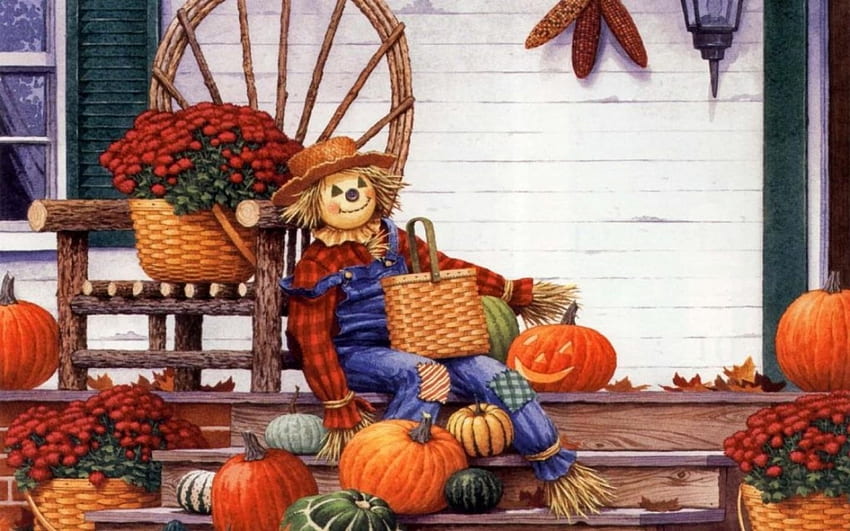 Autumn time, scarecrow, halloween, fall, pumpkin, autumn HD wallpaper