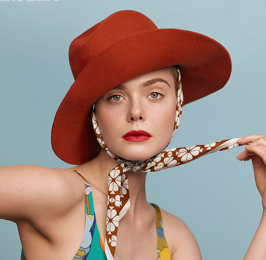 Elle Fanning, big red hat, 2020 HD wallpaper