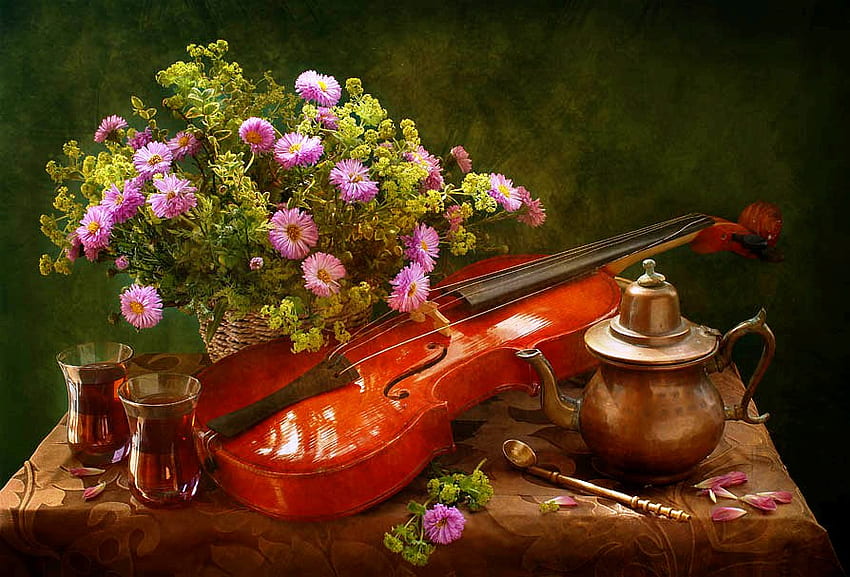 Martwa natura, kosz, muzyka, herbata, kwiat, natura, pasja, skrzypce Tapeta HD