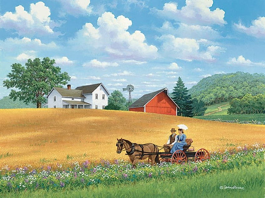 ein Dorfleben, Kunstwerke, Pferde, Dörfer, Felder, Natur, Gemälde, Häuser HD-Hintergrundbild