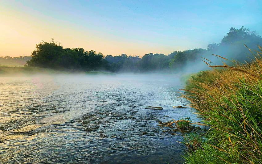 Grand River in Waterloo, Ontario, water, sunrise, mist, trees, sky, canada, stones HD wallpaper