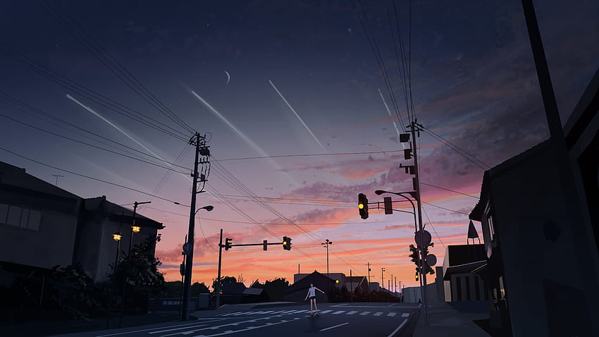 Sunset, street, original, anime girl, mood HD wallpaper