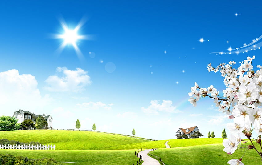 Пролет, синьо, архитектура, пейзаж, трева, къщи, поле, цветове, зелено, облаци, дървета, природа, небе, слънце HD тапет