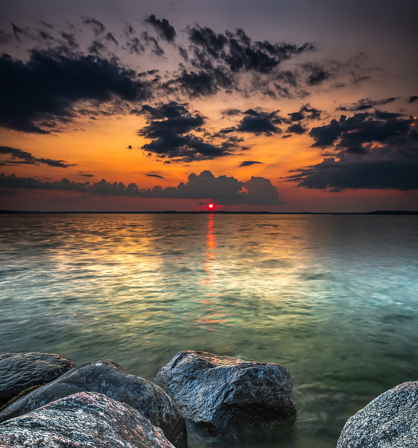ธรรมชาติ หิน ชายฝั่ง พระอาทิตย์ตก ทะเล วอลล์เปเปอร์โทรศัพท์ HD