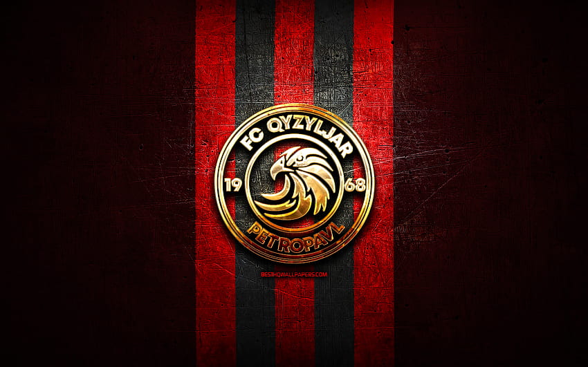 Kyzylzhar FC, golden logo, Kazakhstan Premier League, red metal background, football, Kazakh football club, FC Kyzylzhar logo, soccer, FC Kyzylzhar HD wallpaper