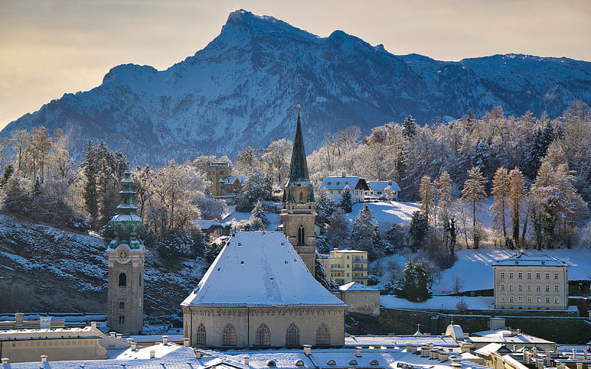 Alpi, cappella, chiesa, inverno, neve, paesaggio montano, città austriache, montagne, Salisburgo, Austria Sfondo HD