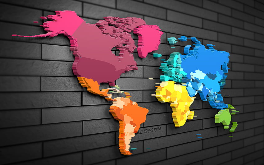 Mapa mundial 3D, pared de ladrillo gris, creativo, conceptos de mapa mundial, mapa mundial abstracto, arte 3D, mapa mundial, conceptos de viaje fondo de pantalla