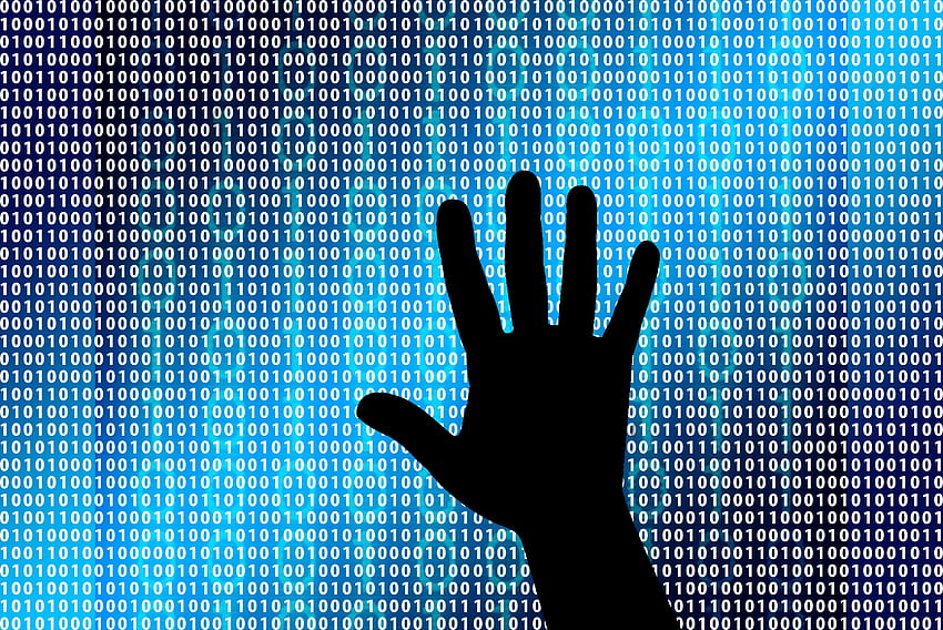 Kod binarny, liczba binarna, ręka, sylwetka — transparent bezpieczeństwa cybernetycznego Creative Commons — i tło, niebieski kod binarny Tapeta HD