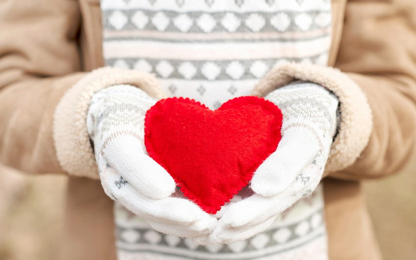 Untukmu!, musim dingin, valentine, putih, merah, sarung tangan, hati, tangan Wallpaper HD