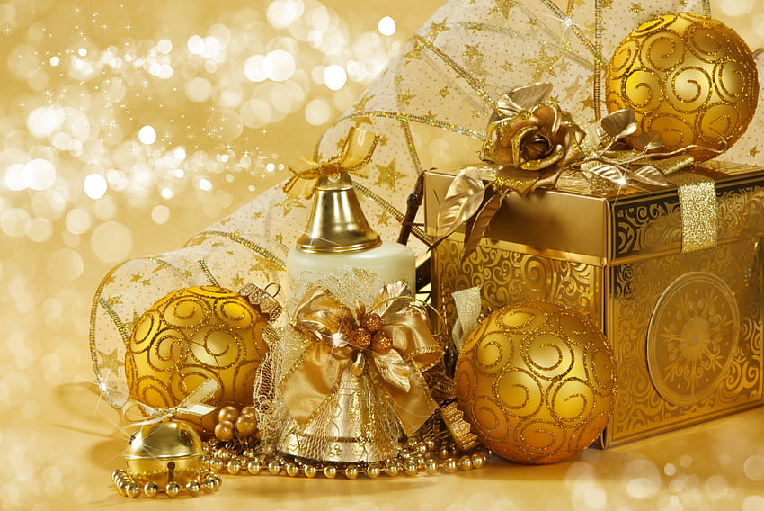 Noel Hediyesi, çan, grafik, kurdeleler, hediye, altın, güzellik, noel, gül, tatil, sihirli noel, yeni yıl, altın, mutlu noeller, büyü, güller, kurdele, toplar, güzel, çanlar, mutlu yıllar, kutu, güzel, noel, top, sarı, güzel HD duvar kağıdı