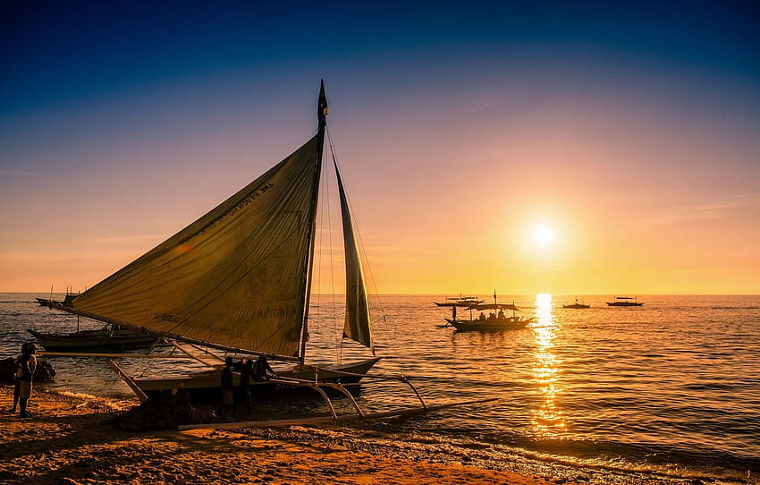 sea, sunset, boats, Philippines, Philippines, Boracay, Boracay, paraw for , section пейзажи HD wallpaper