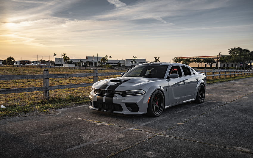 Dodge Charger HellCat, 2021, front view, exterior, evening, sunset, gray sedan, Charger HellCat tuning, American cars, Dodge HD wallpaper