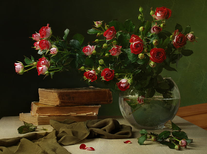 lukisan alam benda, karangan bunga, graphy, mawar, vas, indah, bagus, mawar, buku-buku, tua, bunga, keren, bunga-bunga, , air, harmoni Wallpaper HD