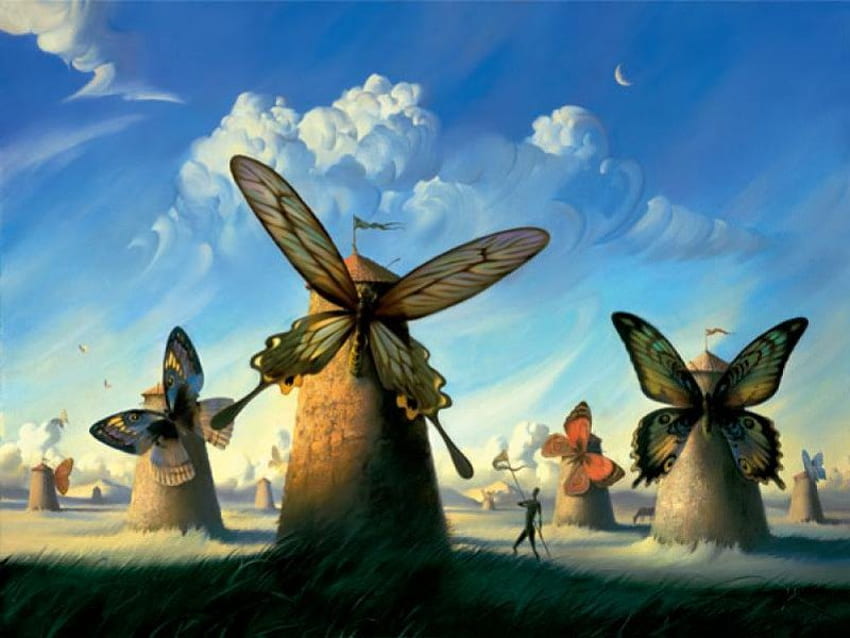 Пеперуда Вятърна мелница, вятърна мелница, небе, пеперуда, фантазия HD тапет