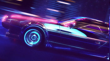 Night, neon, car, retro games, New Retro Wave, 1980s, synthwave, disco ...