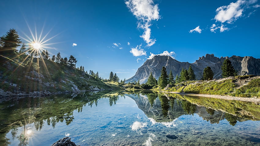Lago di Limides, Tyrol Selatan, Italia, refleksi, dolomit, pemandangan, awan, langit, pegunungan Alpen, air Wallpaper HD