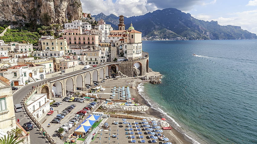 アマルフィ イタリア アトラーニ、サレルノ ビーチ 海岸都市、イタリア沿岸 高画質の壁紙