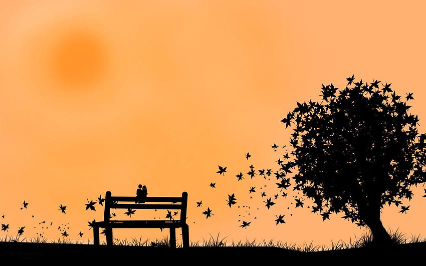 Autumn, Leaves, Vector, Silhouette, Couple, Pair, Bench HD wallpaper