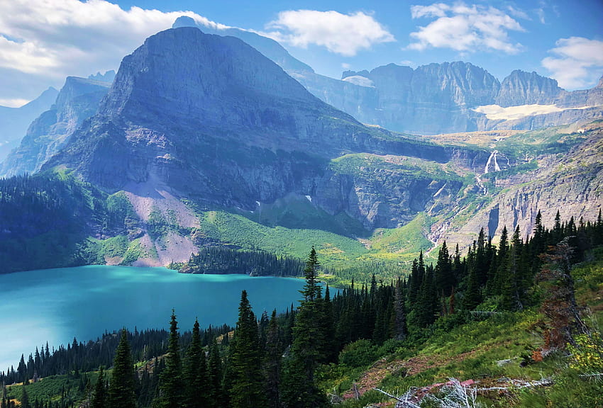 Glacier National Park, Montana, trees, clouds, sky, mountains, usa HD wallpaper
