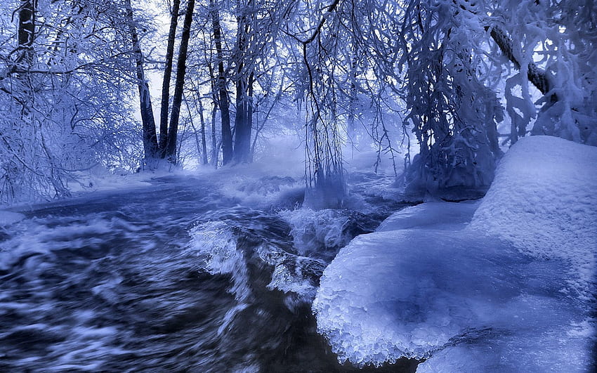 Nature, Water, Rivers, Trees, Ice, Waves, Branches, Branch, Flow, Hoarfrost, Frost, Stream HD wallpaper