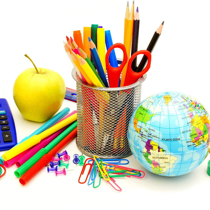Stationery school supplies on a white background on Knowledge Day HD phone wallpaper
