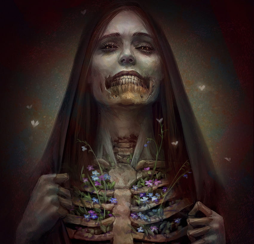 Yhyraeth, bones, art, fantasy, flower, girl, oxana che, death, blue, dark, halloween HD wallpaper