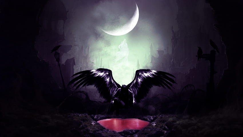 Bloodbath, night, wings, crow, moon, angel, dark HD wallpaper