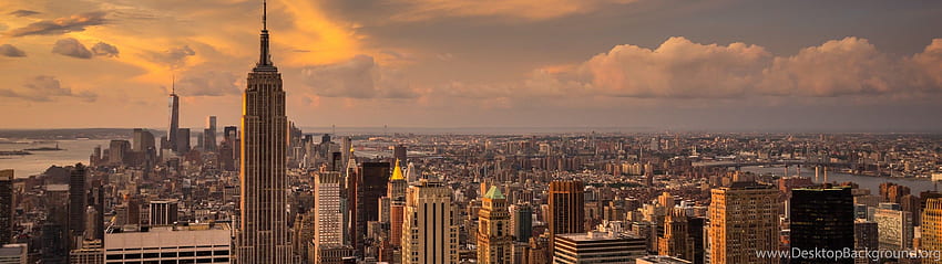 Paisagem, nuvens, cidade, Manhattan, pôr do sol, cidade de Nova York. Plano de fundo, Nova York 3840X1080 papel de parede HD