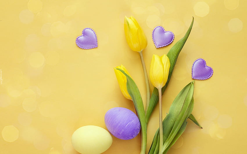 Happy Easter!, hearts, tulips, eggs, Easter HD wallpaper
