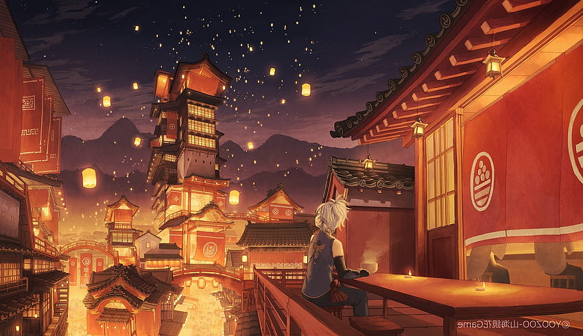Junge, Laternen, Anime-Festival, traditionelle Gebäude, szenisch - Auflösung: HD-Hintergrundbild